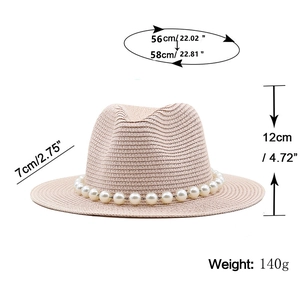 Elegant beige straw jazz hat for women featuring pearl chain trim and size dimensions