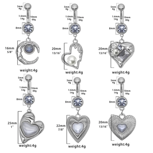 Detailed size chart of stainless steel navel rings with heart and crescent shapes