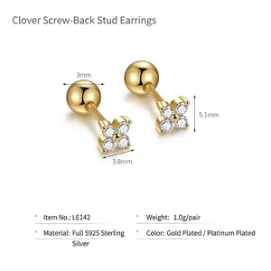 S925 sterling silver four-leaf clover screw back earrings with sparkling zircon stones