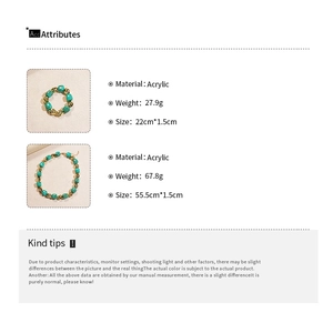 Size and weight specifications for turquoise acrylic beaded necklace and bracelet set