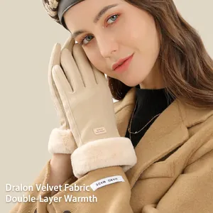 Winter Thermal Gloves Women De Velvet Thickened Windproof Touchscreen Faux Fur Cuff Outdoor Cold Weather Fashion