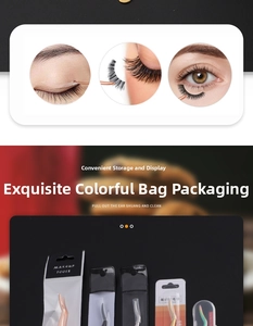 Detailed views of professional eyelash tweezers set in various colors with retail packaging