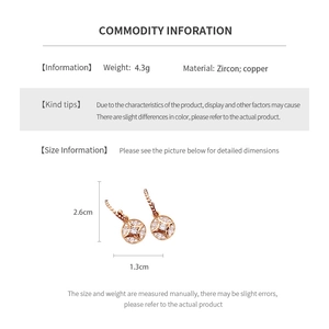 Detailed size chart of rose gold drop earrings with zircon insets and copper material