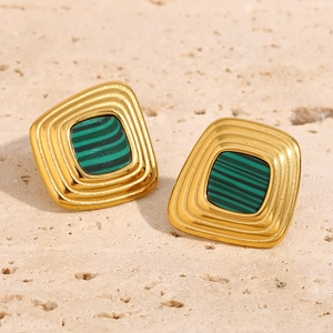 Detail of 18K gold-plated trapezoid earrings with green malachite textured inlay