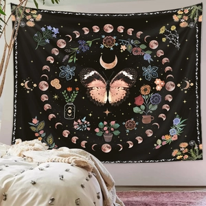 Bohemian black butterfly tapestry with moon phases and floral art for bedroom decor