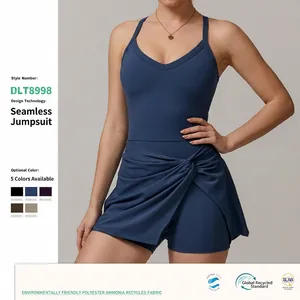 Women Sports Tennis Dress Recycled Polyester V Neck Spaghetti Straps Criss Cross Back Knot Detail Built-in Shorts Yoga