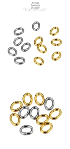 Detailed tile display of oval stainless steel open jump rings in gold and silver finishes