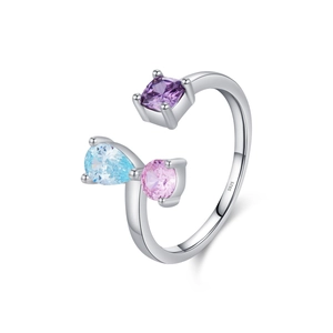 Elegant S925 sterling silver open ring with purple, blue and pink crystal gemstones