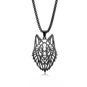 Black hollow geometric wolf head pendant necklace made of stainless steel for men