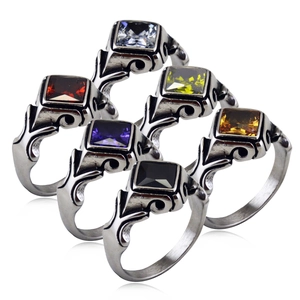 Vintage Stainless Steel Ring Square Cubic Zirconia Gemstone Gothic Punk Retro Engraved Band Jewelry For Men Women