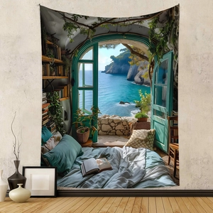 Detailed fabric texture of Mediterranean sea view tapestry with aesthetic bedroom decor