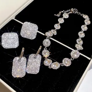 Collana Orecchini Geometrici Strass Quadrato Rettangolo Gioielli Con Silver Earring Post Moda Accessori Per Donne