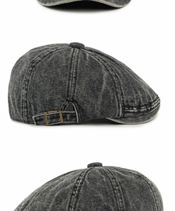 Gedetailleerde weergave van de gewassen grijze denim pet met verstelbare riem en vintage textuur