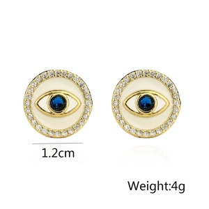 Detail view of 1.2cm Evil Eye stud earrings with gold plating and cubic zirconia accents
