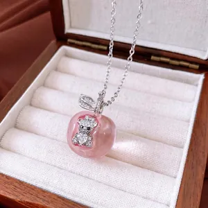 Pink Apple Pendant Necklace With Zircon Pave Bear Copper Alloy Jewelry Sweet Fashion Adjustable Long Sweater Chain For Women