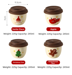 Detailed view of four ceramic Christmas mugs with silicone lids and holiday patterns