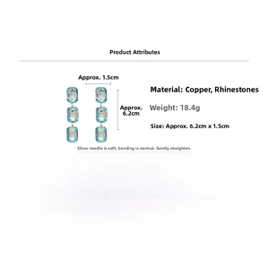 Detail view of light blue rhinestone tassel earrings showing 6.2cm length and copper material