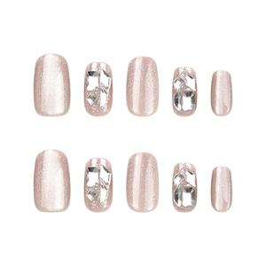 Sparkling pink gold cat eye press-on nails with luxury crystal rhinestone decorations