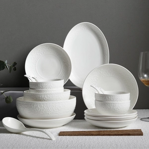 White Ceramic Tableware Relief Embossed Porcelain Bowls Plates Spoons Elegant Home Dining