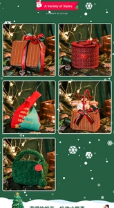 Detail view of festive Christmas gift baskets and bags with woven textures and red ribbons