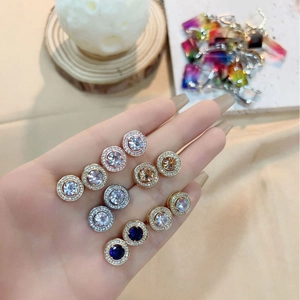 Round Halo Stud Earrings Copper With Zircon Sparkly Geometric Colorful Stone Fashion Jewelry For Women
