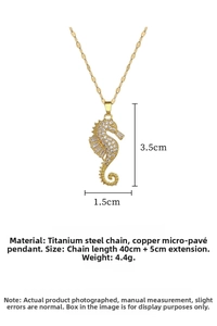 Detail of gold seahorse pendant with micro-inlay stones and titanium steel chain dimensions