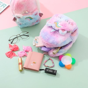 Cute pink gradient unicorn plush backpack with sequin wings and matching fashion accessories