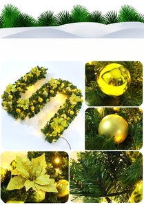 Détails de la guirlande de Noël avec boules dorées et fleurs pailletées sur des branches