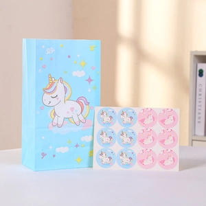 Sac cadeau licorne arc-en-ciel avec autocollants de scellage assortis pour fêtes d'enfants