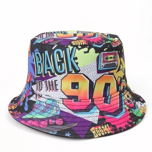 Close-up of retro 90s graffiti print on a reversible sun bucket hat with pop art patterns