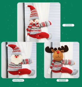 Detailed view of plush Santa, Snowman, and Reindeer Christmas curtain tieback decorations