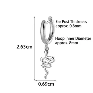 Silver snake drop earrings with zircon stone inlay and 8mm inner diameter dimensions