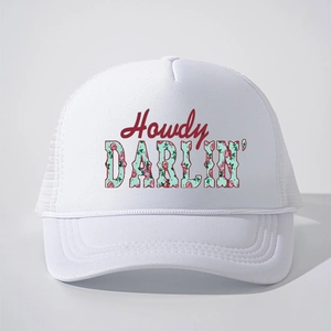 White retro trucker hat featuring red Howdy DARLIN' print with floral mesh detail