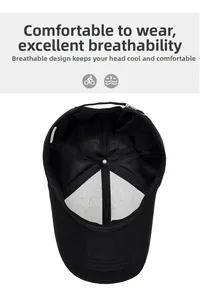 Detail of black baseball cap with mesh panels, breathable cotton fabric and adjustable buckle