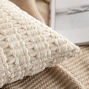 Beige corduroy square pillow cover with soft 3D texture for cozy home sofa decor