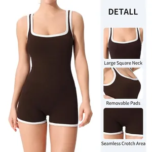 Brown ribbed knit yoga bodysuit with contrast trim, square neck and padded cups