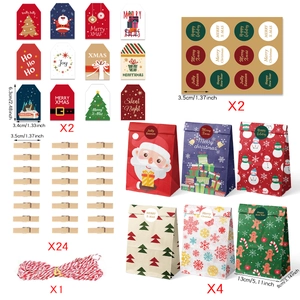 Christmas paper bag gift set with festive stickers wooden clips and cotton twine