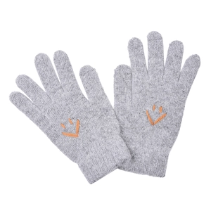 Close-up of grey knitted gloves with orange smiling face embroidery and ribbed cuffs