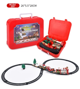 Detailed 20-piece Christmas train set showing track layout and storage case dimensions