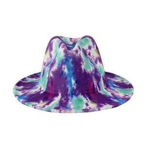 Elegant wide brim tie-dye felt fedora hat with artistic colorful ink patterns for adults