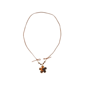 Ethnic beaded necklace with amber resin flower pendant on a dark brown cord