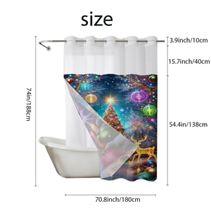 Detailed size chart for Christmas shower curtain featuring reindeer and tree prints