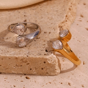 18K gold plated stainless steel open ring with double teardrop cubic zirconia stones