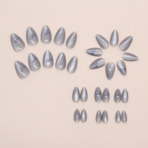 Cat eye gray silver press-on nails with blue bow patterns and almond shape 24pcs