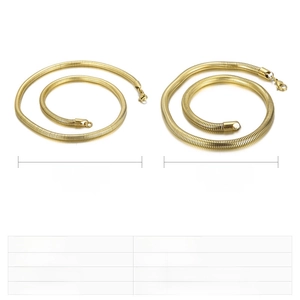Detail view of 5mm and 6mm gold snake chains made of polished durable stainless steel