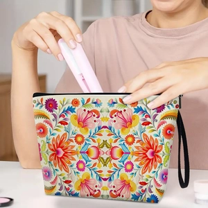 Trousse à maquillage florale avec motif mexicain, dragonne noire et fermeture éclair