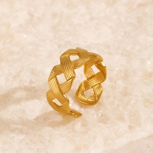 Elegant gold adjustable open ring featuring unique woven cross mesh pattern and brushed finish
