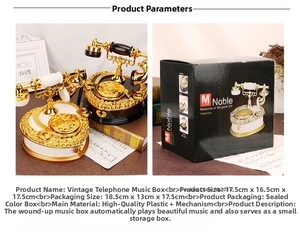 Macro view of vintage rotary telephone music box with golden floral patterns and storage