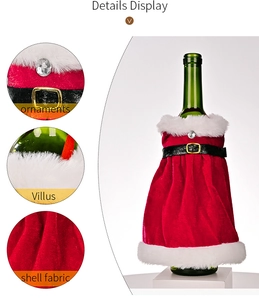 Detail view of red velvet Christmas wine bottle dress with rhinestone buttons and fur trim
