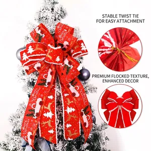 Christmas Tree Topper Bow Decoration Flocking Burlap Fabric Reindeer Pattern Double Layer Festive Hanging Ornament